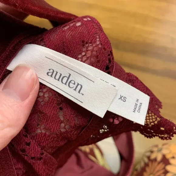 Auden Velvet Bralette Womens XS Red Lace Trim Cross Back Burgundy Wireless Sexy - Image 3