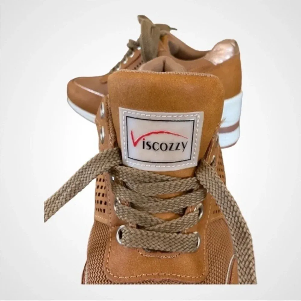 VISCOZZY Women's Brown White High Heel Wedge Sneakers Never Been Worn Size 5.5 Tan - Image 5