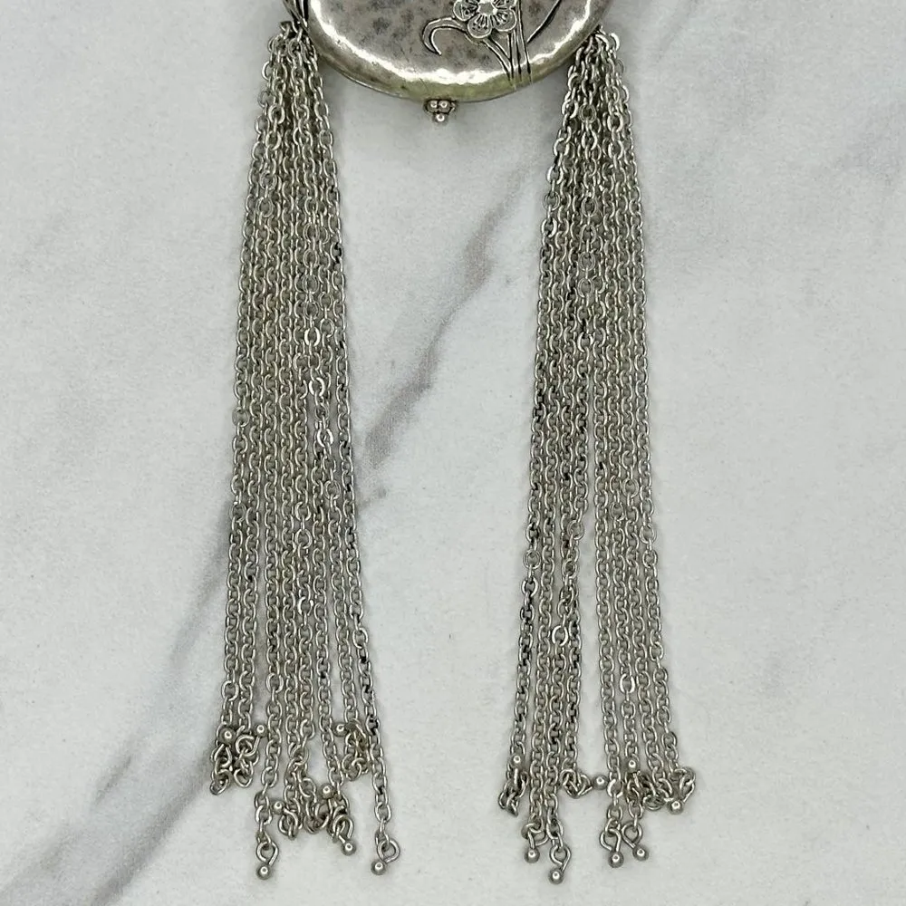 Chico's Black Rope with Floral Silver Tone Tassel Pendant Necklace - Image 3