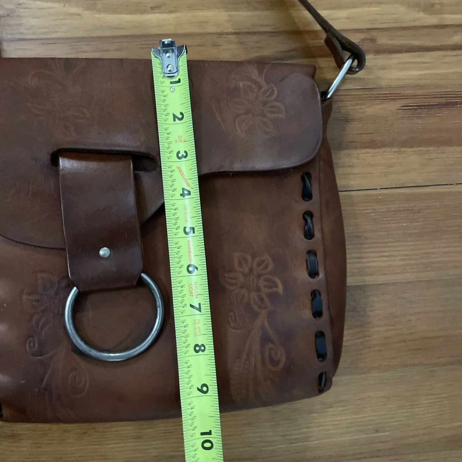 Vintage Leather Floral Tooled Shoulder Bag Saddle Bag 9x9.5 in - Image 3