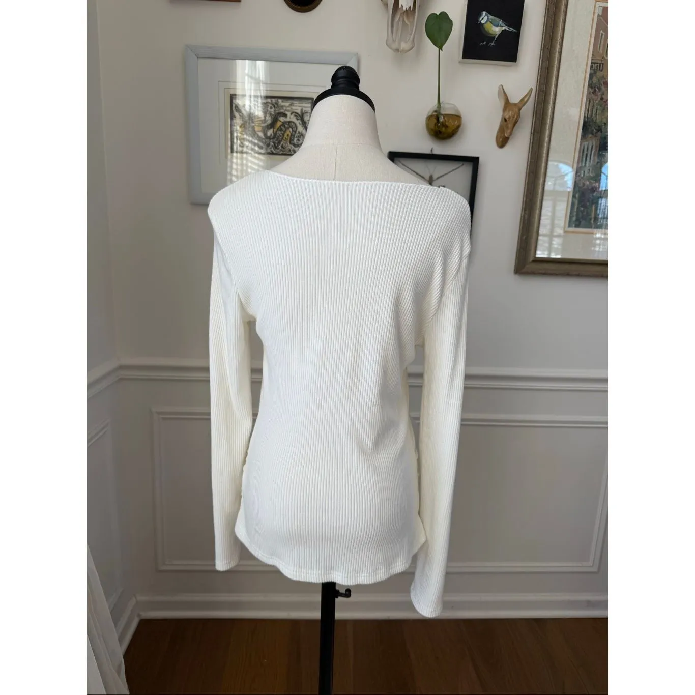 OGL Move Ivory Ribbed Split Neck Ruched Top L White Size L - Image 4