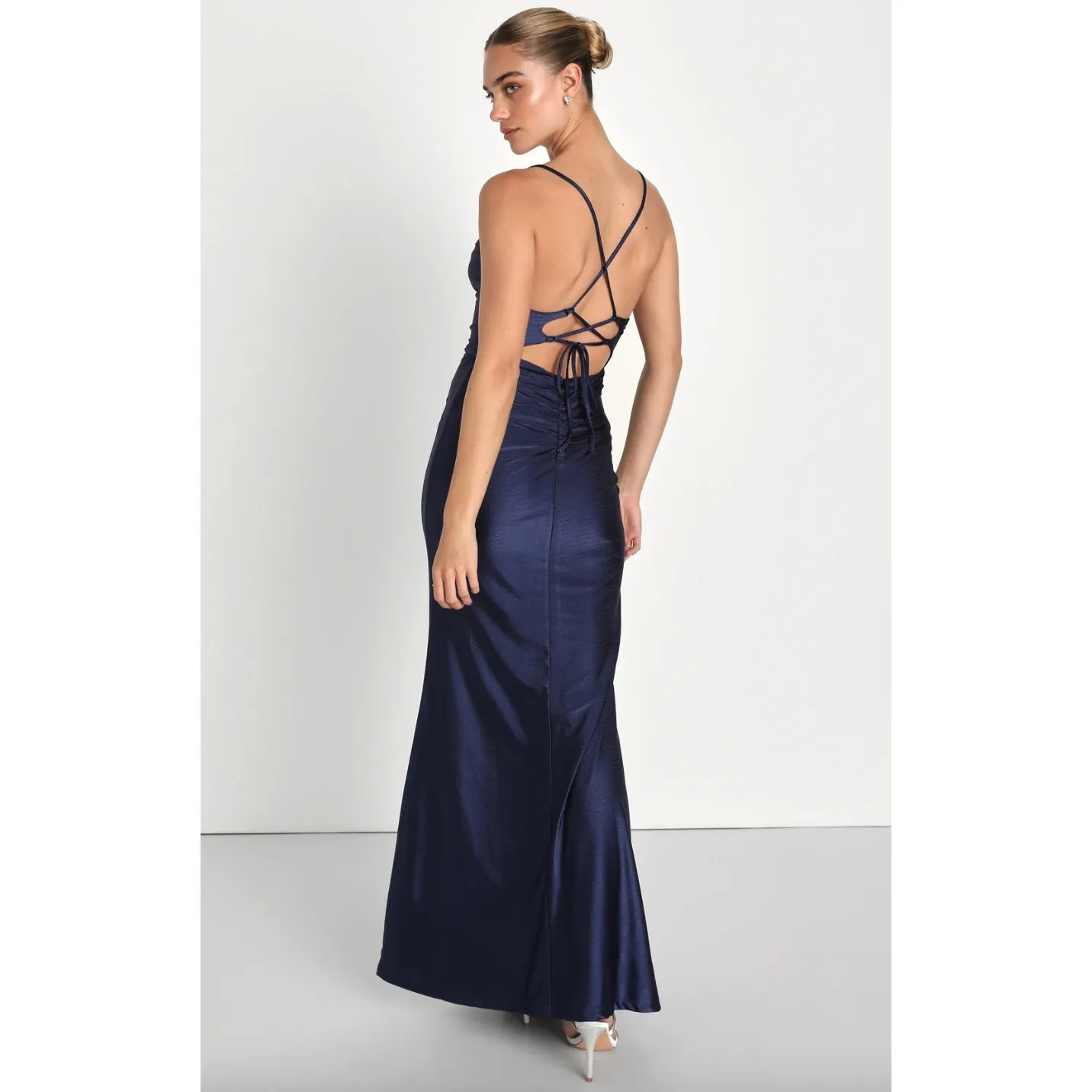 Lulus Iconic Allure Navy Blue Cowl Neck Lace Up Ruched Maxi Dress Stretch XS NWT - Image 2