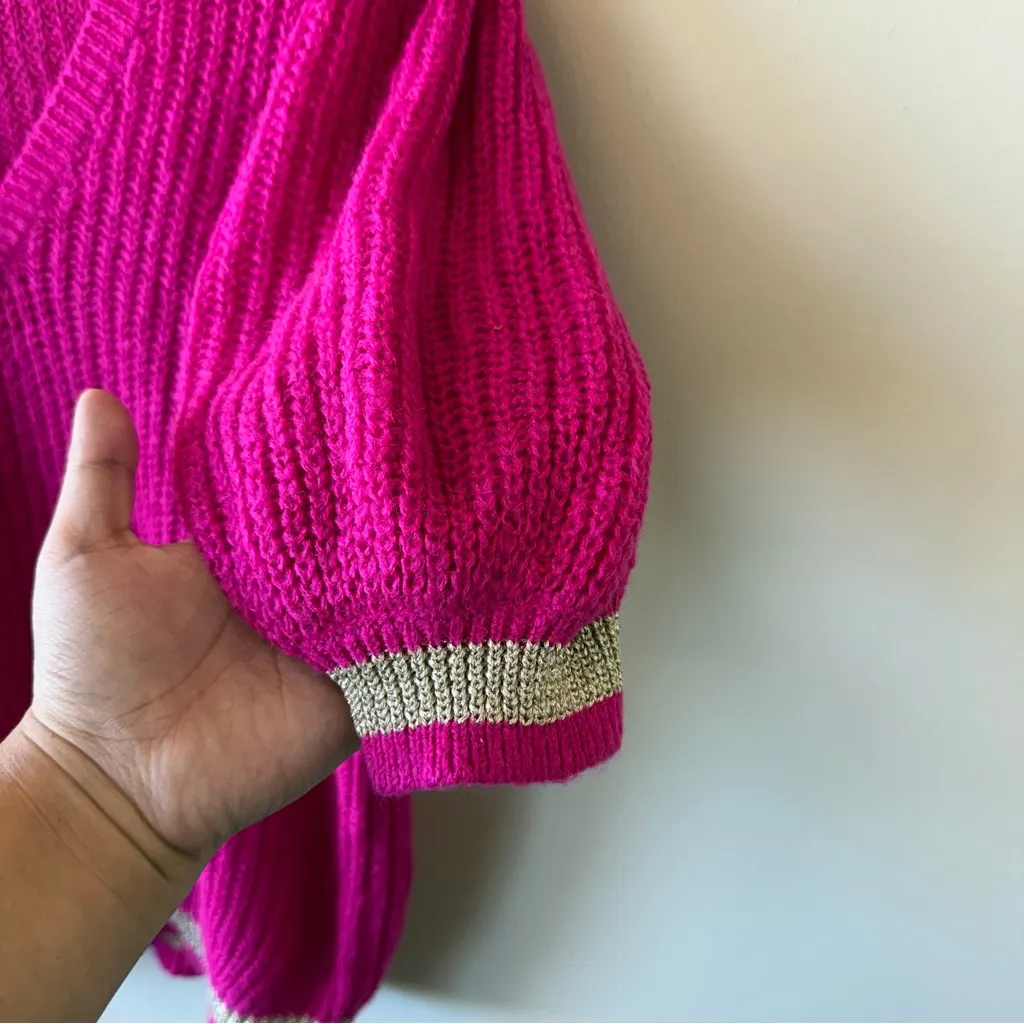 Lily Pulitzer Skylnn Knit Gold Metallic Pink V-Neck Sweater Puff Sleeve top - Image 4