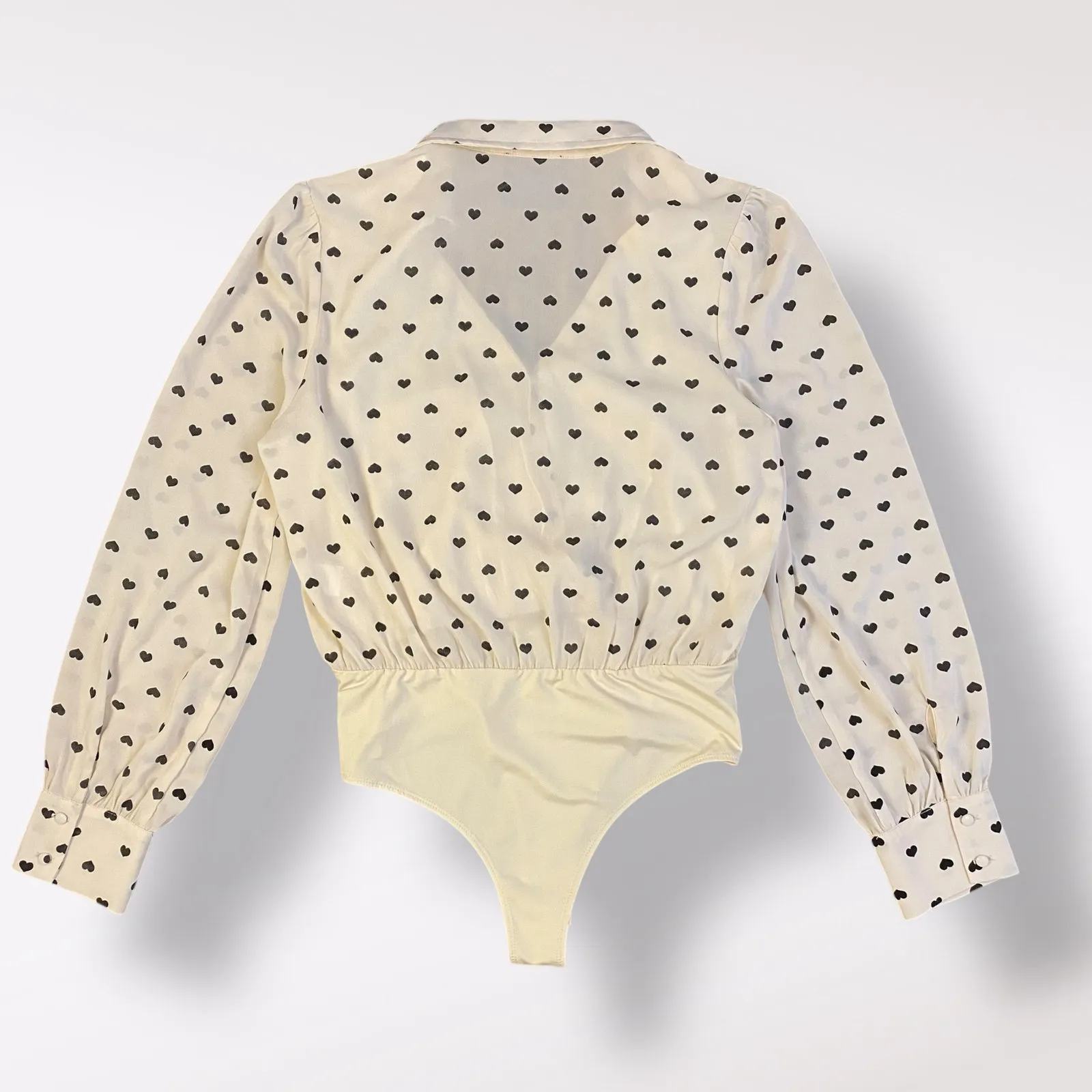 Kittenish Women’s Large Heart‎ Print Bodysuit White Black Wrap Top Long Sleeve - Image 3