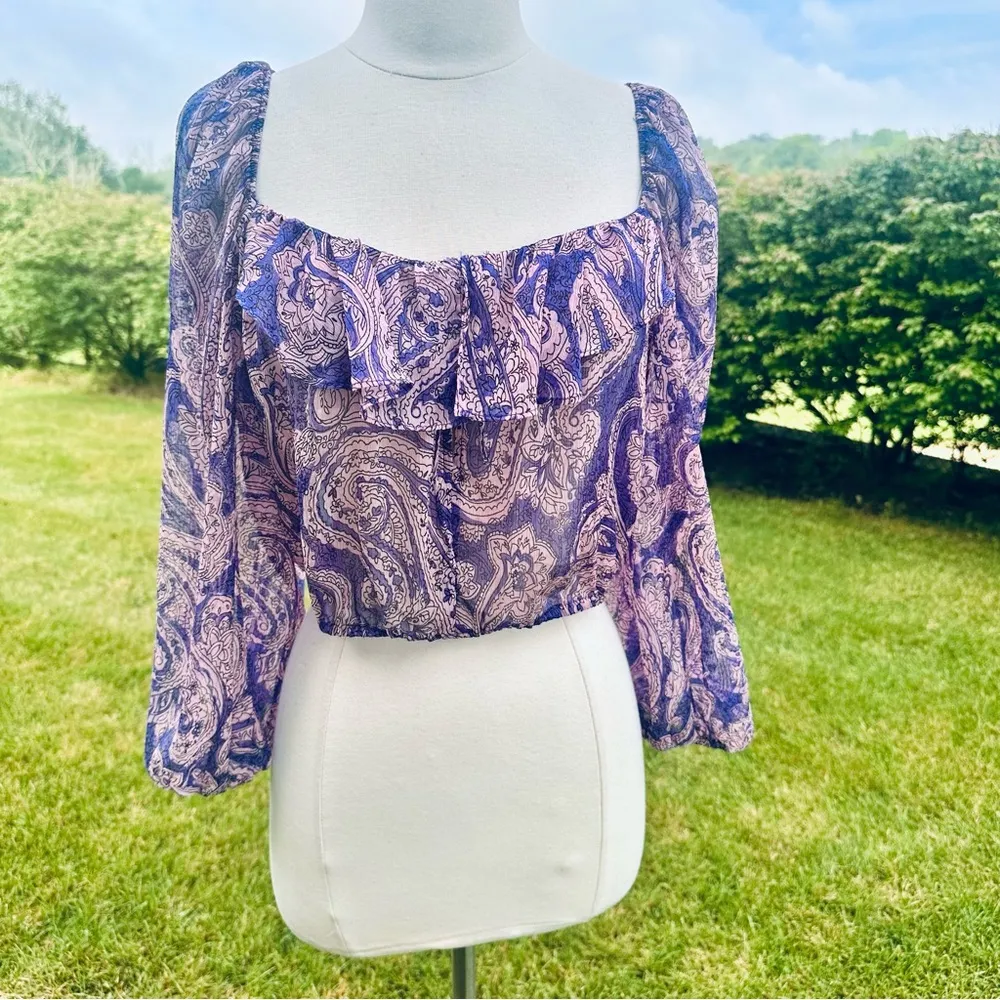 ZARA Purple Cropped Sheer Blouse Top Boho Indie Floral Mauve Ruffle - Image 4