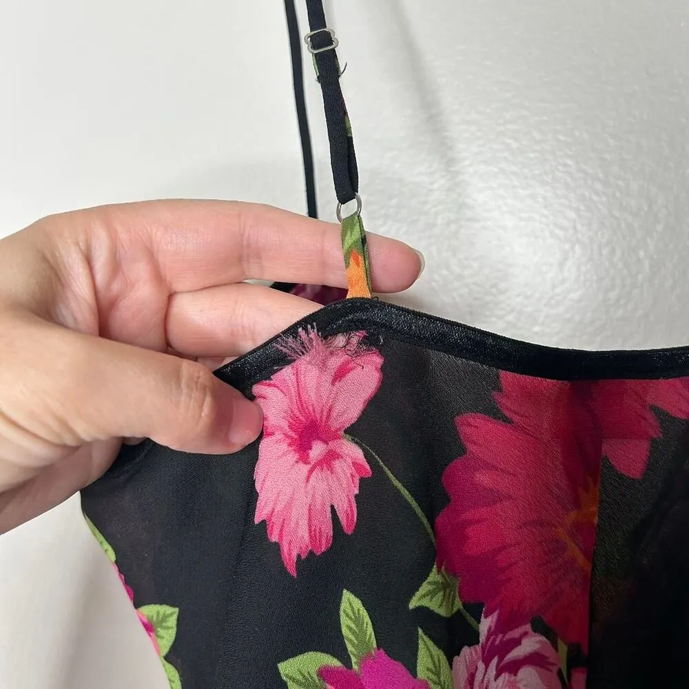 Vintage 90s 1990s y2k 2000s Black and pink floral mini slip dress small - Image 4