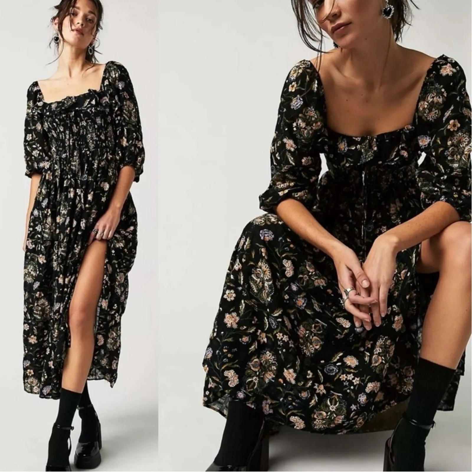Free People Witchy Oasis Printed Midi Dress Black Floral Bohemian Large - Image 13