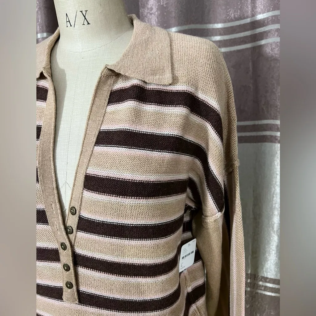 Free People 100% Marino wool Striped Brown and Tan Sweater XL - Image 3