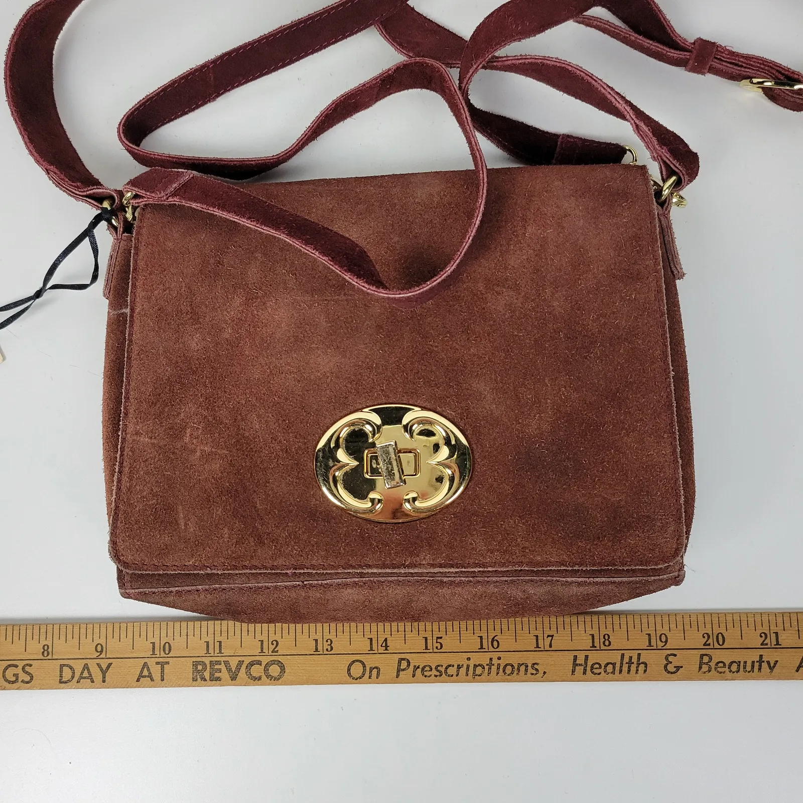 Emma Fox Womens Crossbody Shoulder Bag Burgundy‎ Suede Leather Boxy Flap NEW - Image 9