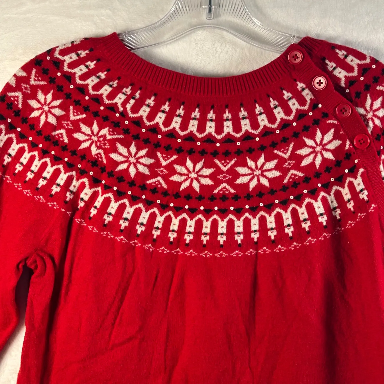 Talbots Petites Red Fair Isle Snowflake Button Shoulder Knit Sweater LP - Image 7