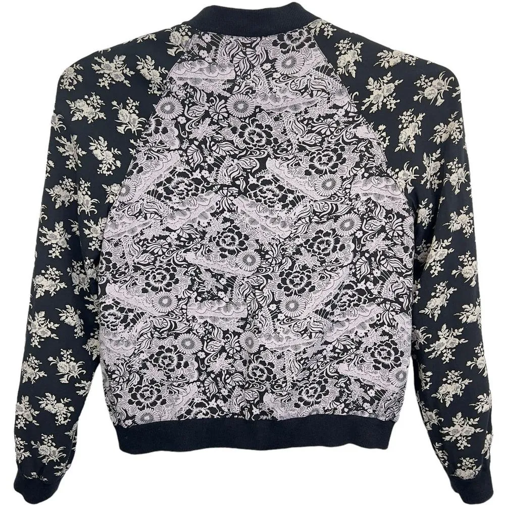 Free People Bomber Jacket Black Purple Floral Snap Close Lightweight Boho Size S - Image 6