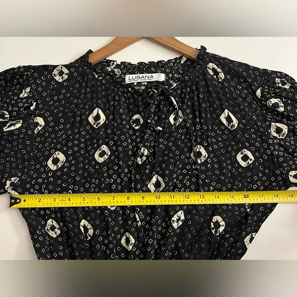 Anthropologie Lusana women Cinched mini dress tiered print balloon sleeve M 6 - Image 7