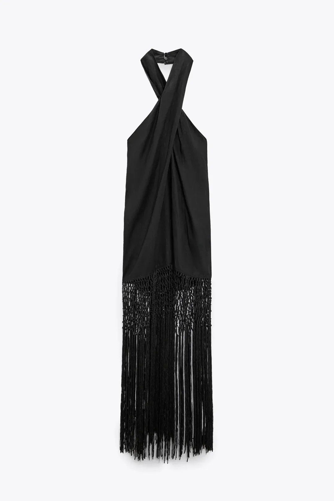 dress midi black halter neck linen fringed fringes boho - Image 12