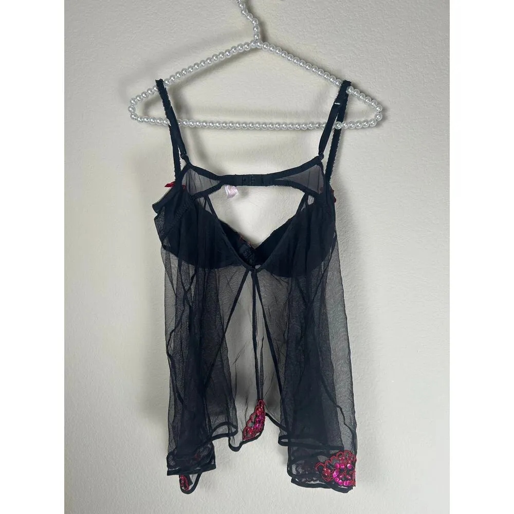 Y2K Victoria's Secret Lingerie Top Size 36B Sheer Black Pink Sequins Sexy Girly - Image 8