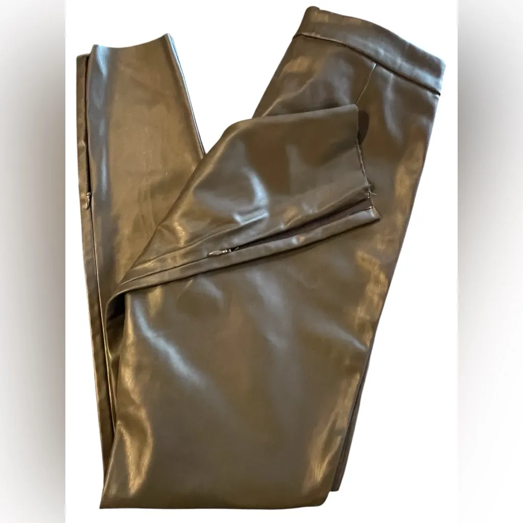 ZARA Faux Leather Pants Olive Green Zippered Ankle Versatile S Edgy City Neutral - Image 6