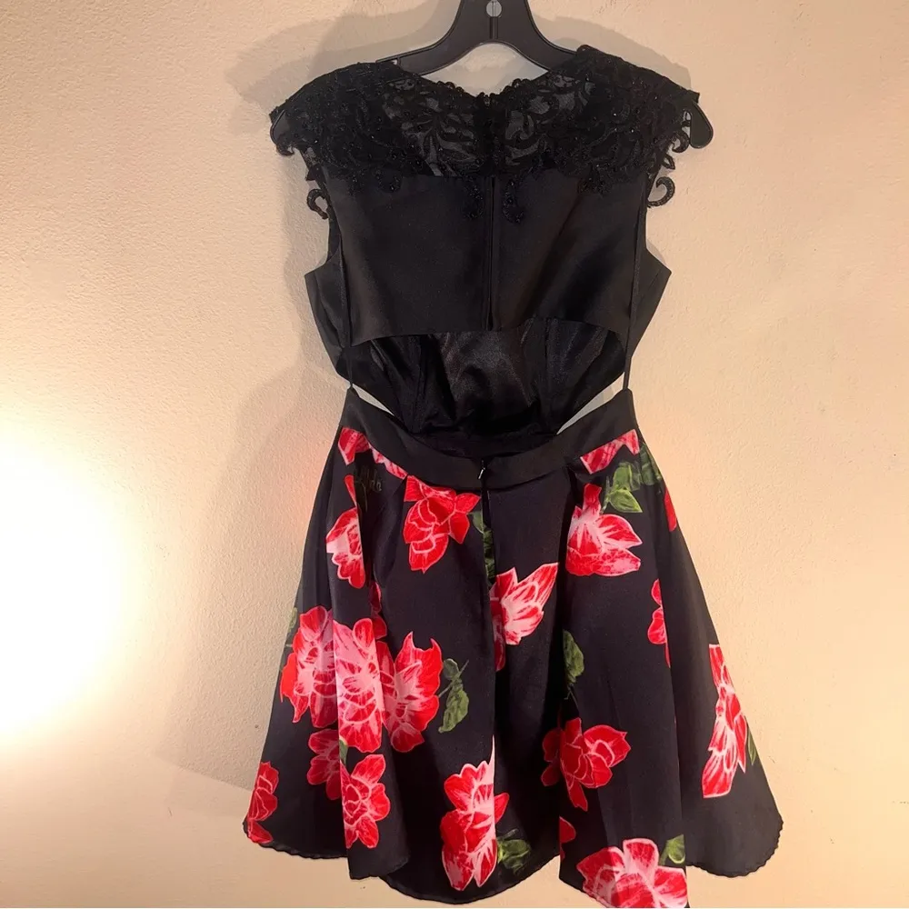 Splash One Piece Side Cutout Black Pink Floral Hoco Dress 8 - Image 9