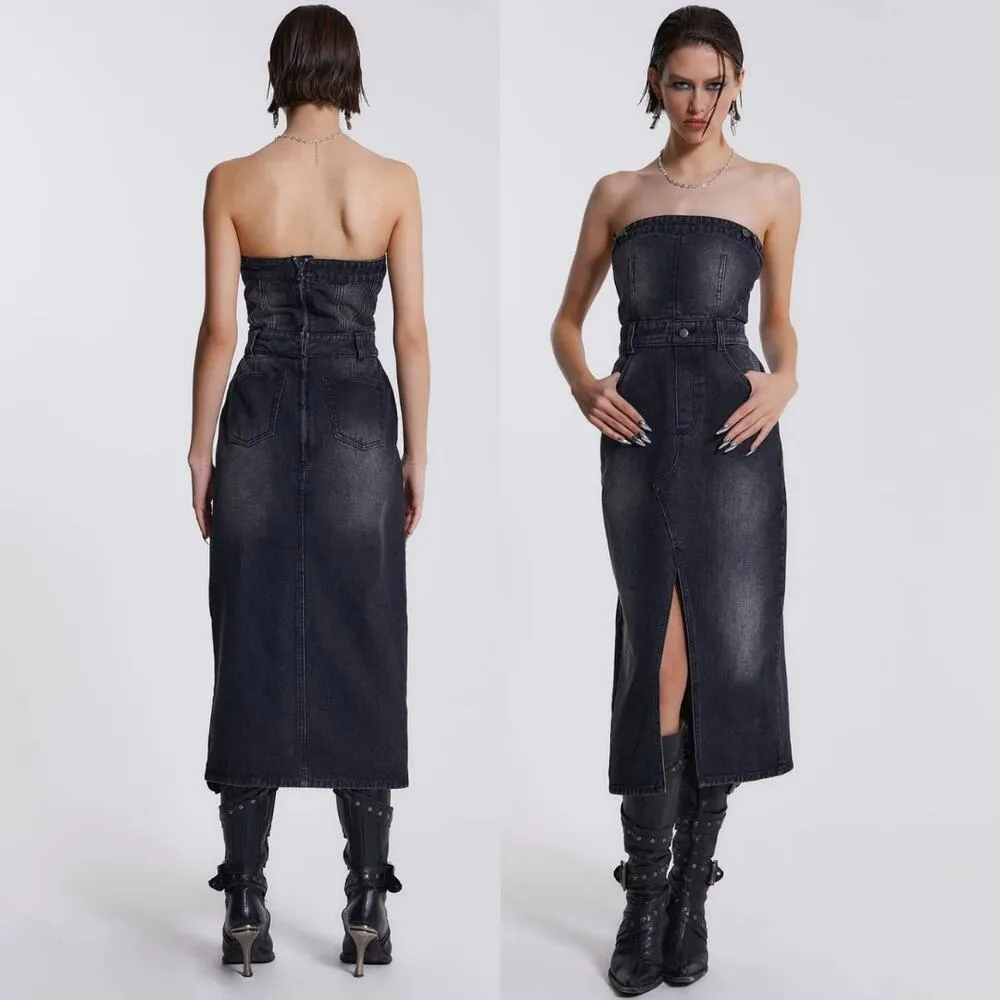 NEW Jaded London Liberty 2 In 1 Detachable Denim Black Midi Dress Large 12 Goth - Image 4