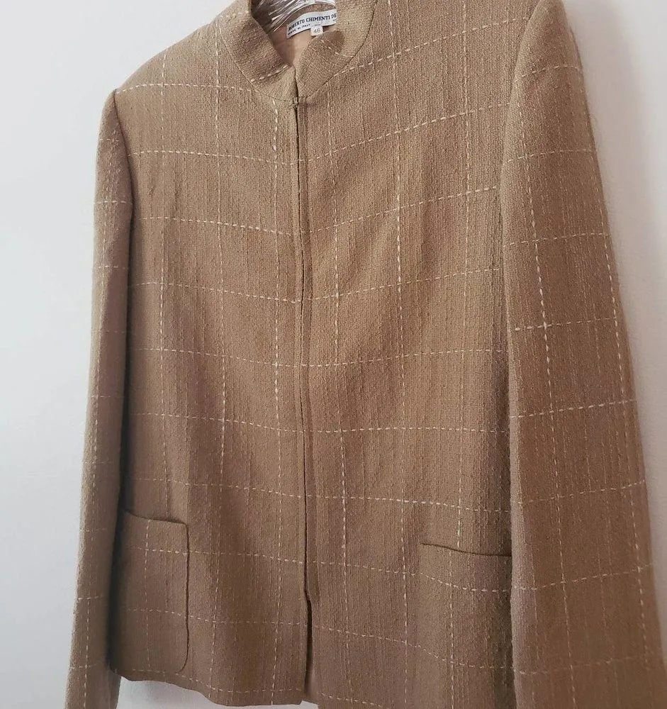 Roberto Chimenti Dezani Italian Designer Wool Jacket Windowpane Tan White IT 46 Size 10 - Image 3