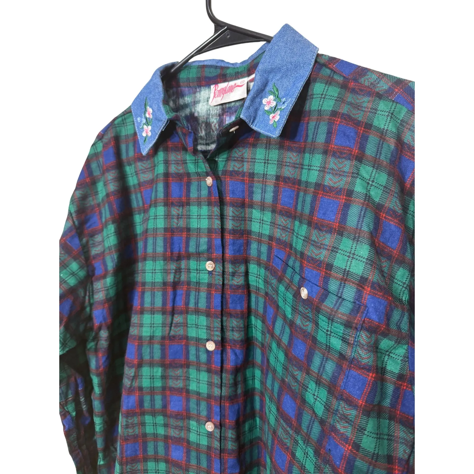 Pennylane Plaid Button Down Shirt Women's Size L Denim Collar Floral Detail Green Size L - Image 2