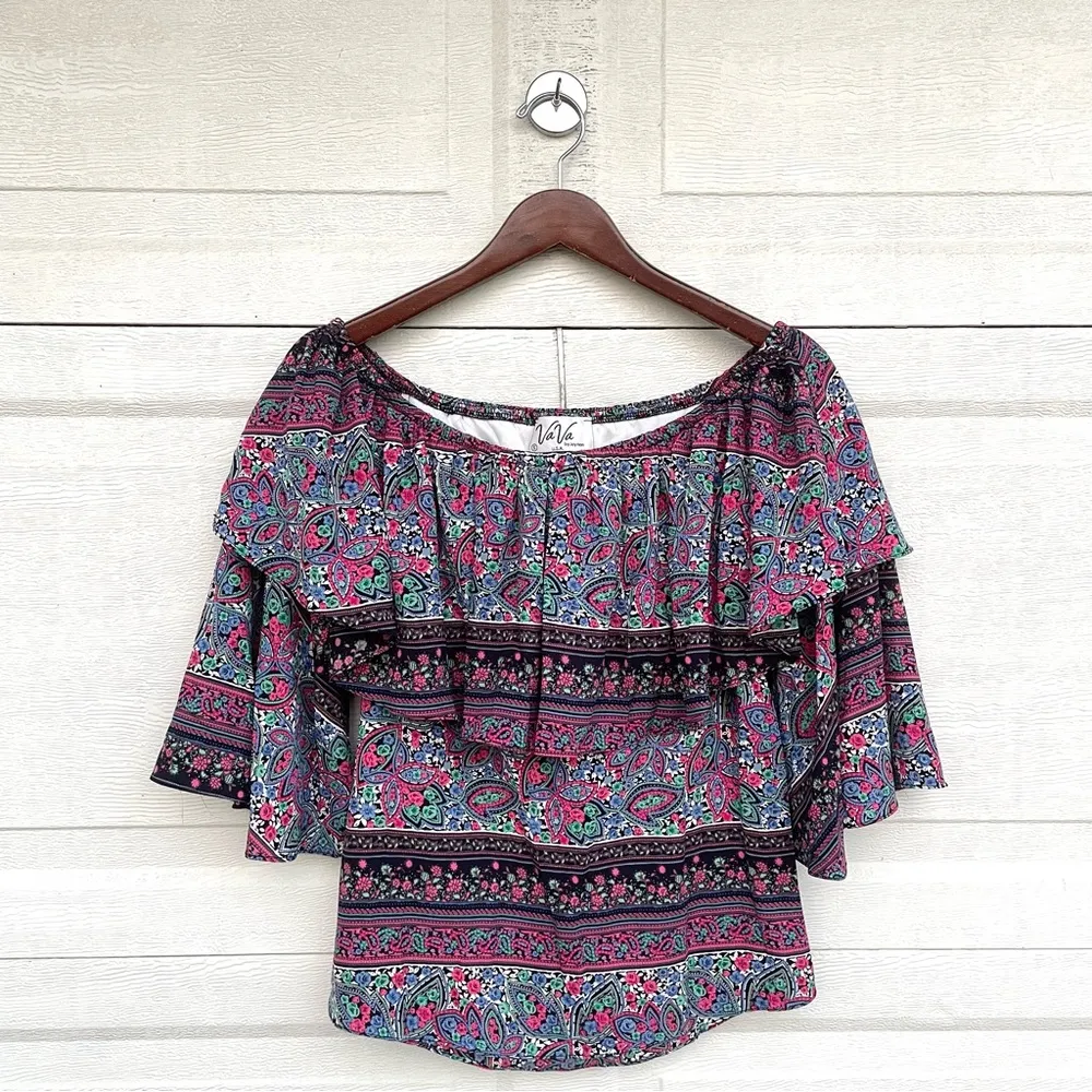 VA VA By Joy Han Womens Shirt Blouse Blue Pink Floral Off The Shoulder Small - Image 3