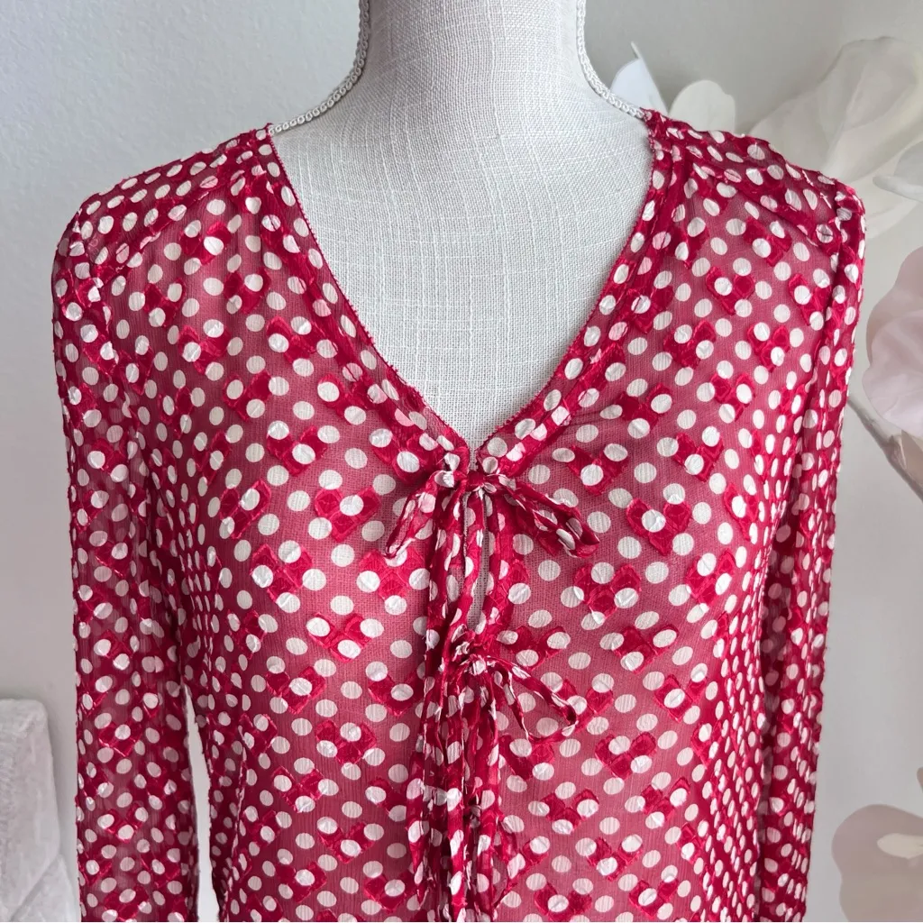 Tory Burch Red Polka Dot V-Neck Long Sleeve  Blouse - Image 2