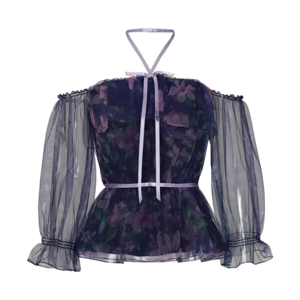 Marchesa Notte Floral Mesh Tulle Ribbon Off The Shoulder Top Navy Size 8 Blue - Image 2