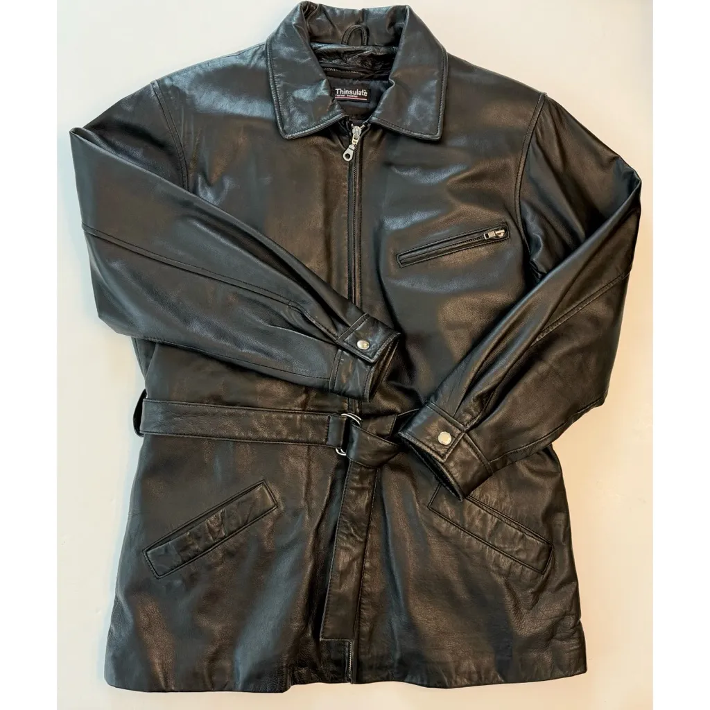 Wilsons Black Leather Jacket Medium Tie Waist Full Zip Front Thinsulate Liner - Image 12