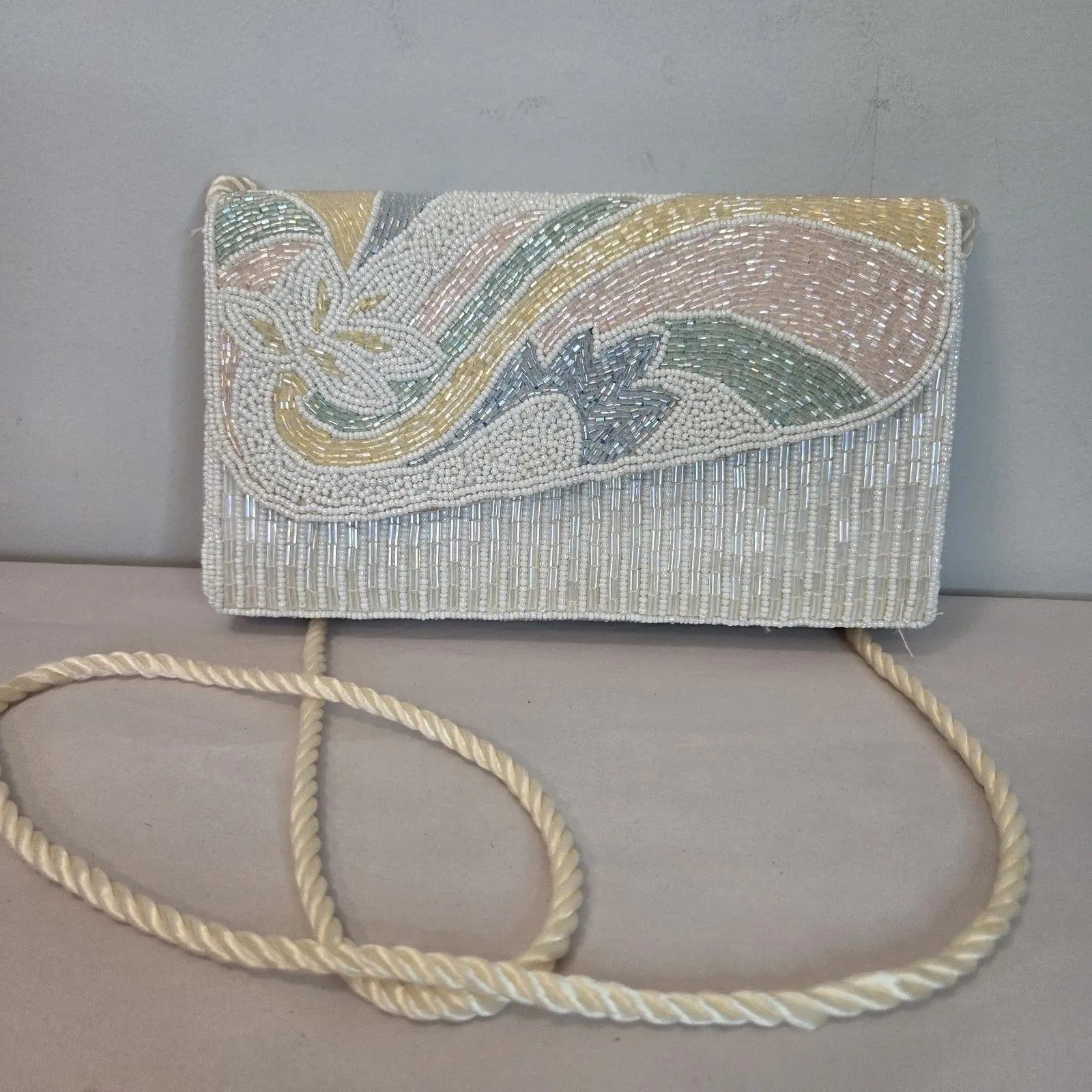 Beaded Crossbody Clutch Evening Purse Pastel Rainbow Peacock Magnetic Catch Pock - Image 2