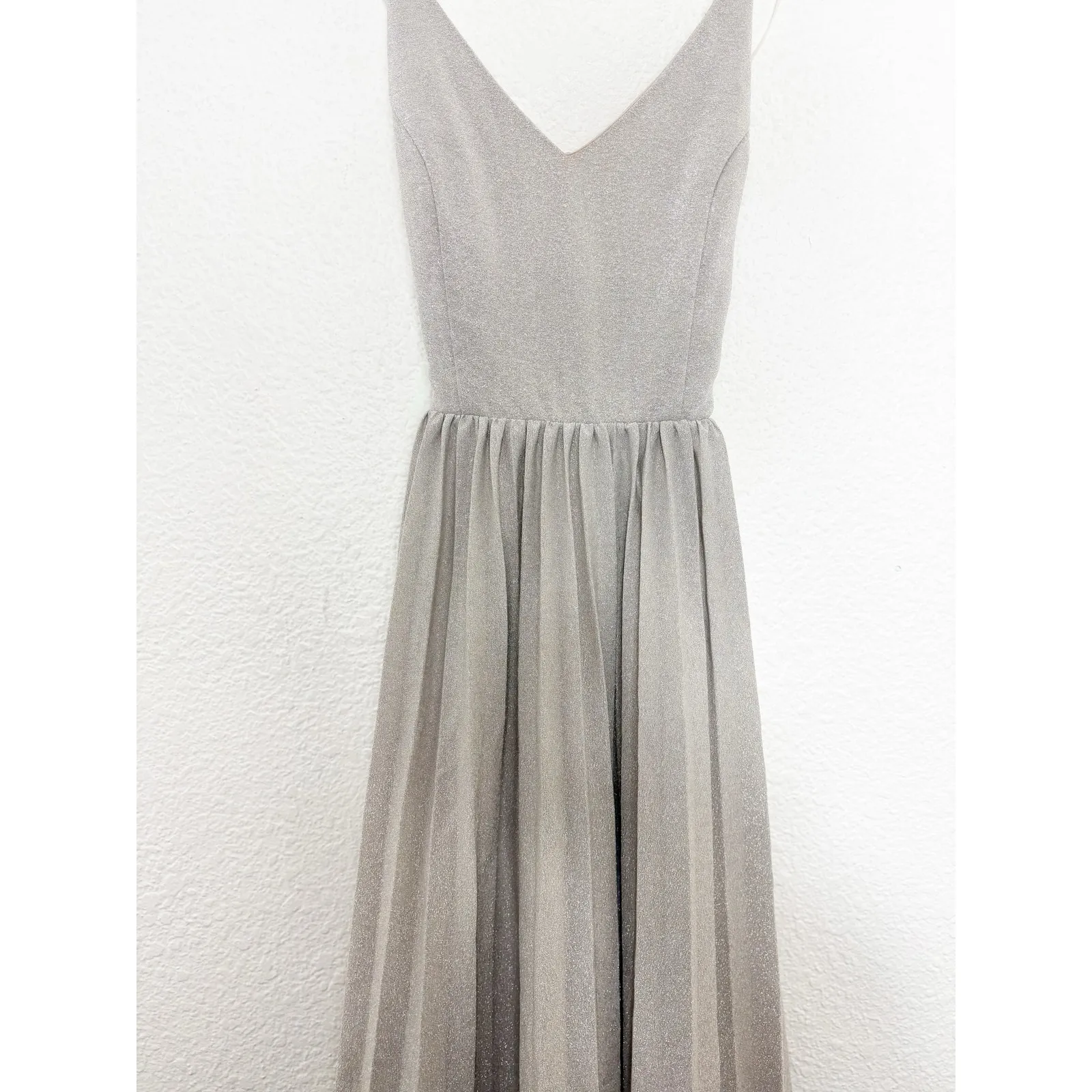 Anthropologie Elevenses Silver Lunar Midi Dress Size 0 Pleated Metallic Aline - Image 11