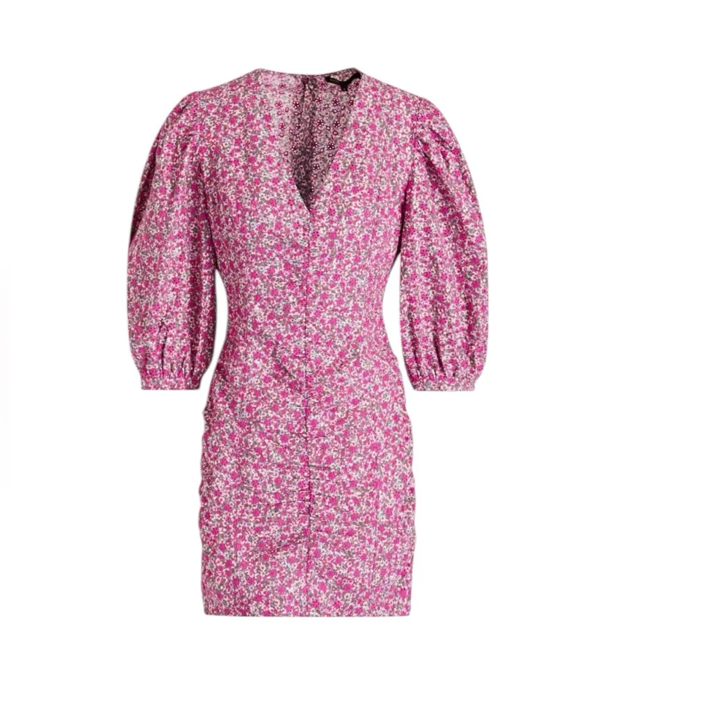 MAJE - Floral Print Broderie Anglaise Cotton Mini Dress Pink Sz 42 (US 10) - Image 2