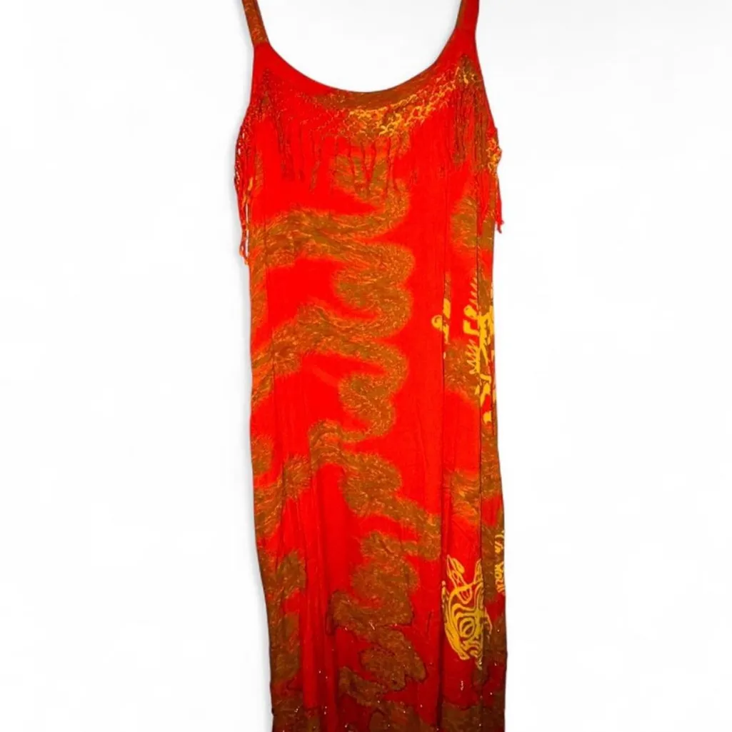 Bohemian Red Maxi Dress with Fringe Detail Size L - Image 5