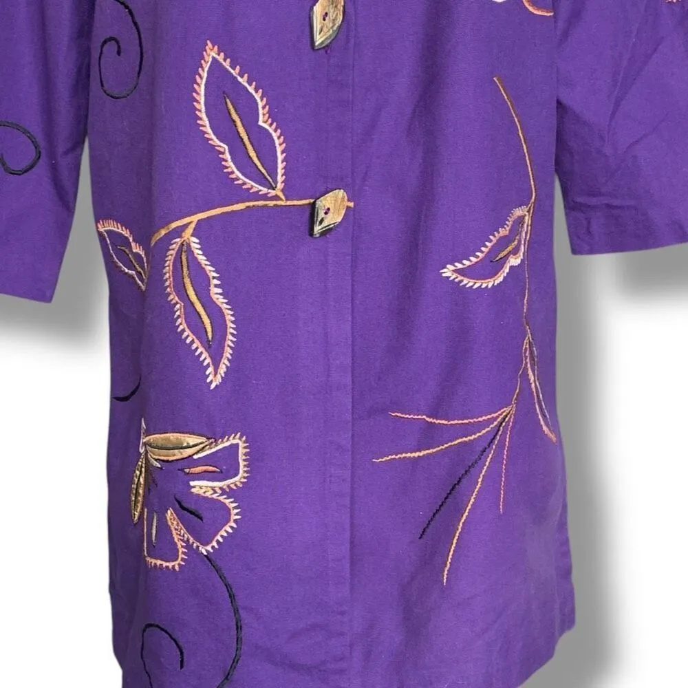 Vintage Indigo Moon Purple Embroidered Mandarin Collar Lightweight Floral Coat Size M - Image 3