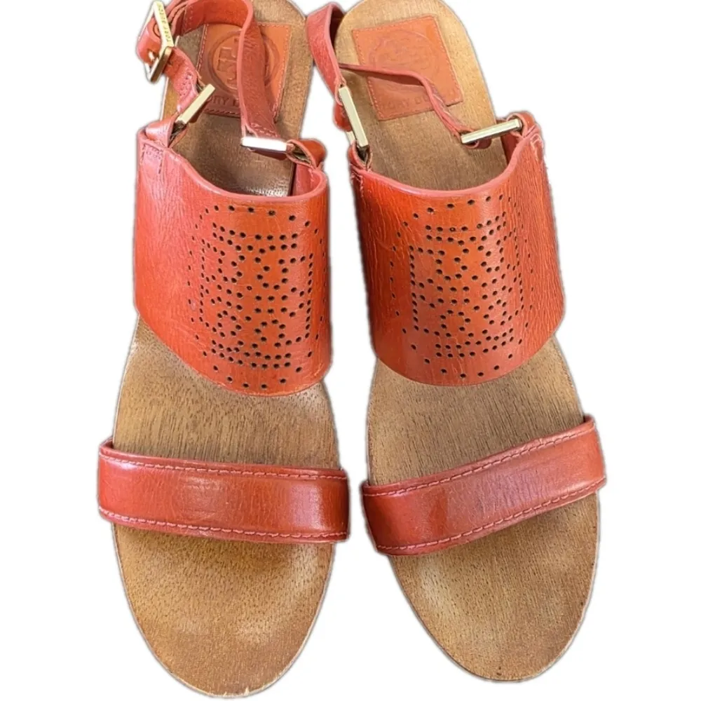 Tory Burch Womens Orange Gold  Leather Wooden Wedge Sandals Size 9 Boho TN Vols - Image 10