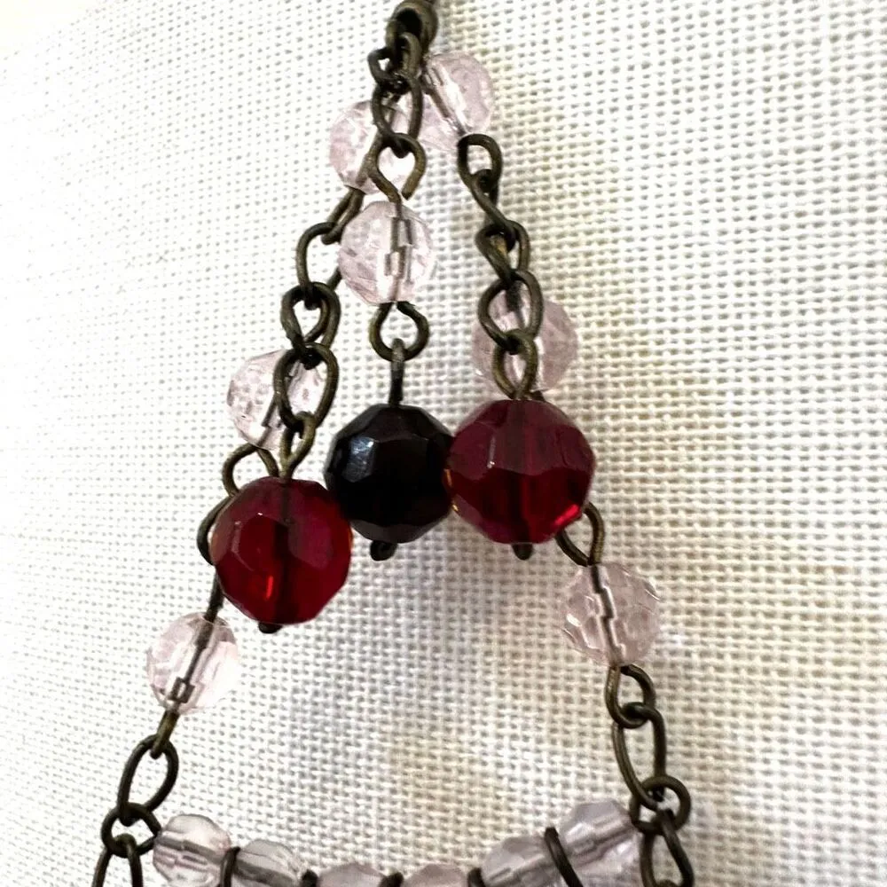 Long red pink and purple beaded earrings - Image 7