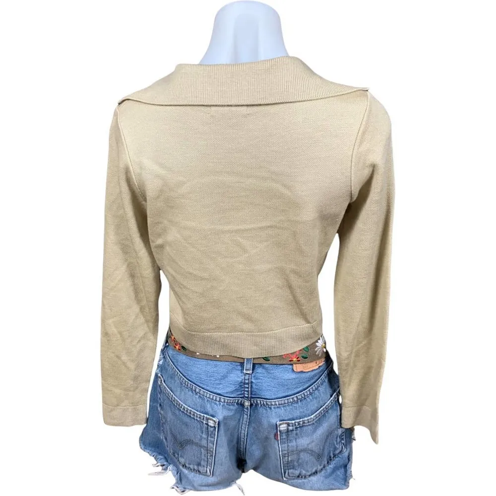 Beige Crop Polo Sweater MEDIUM Monochrome Y2K Soft Preppy Cream NEW - Image 2