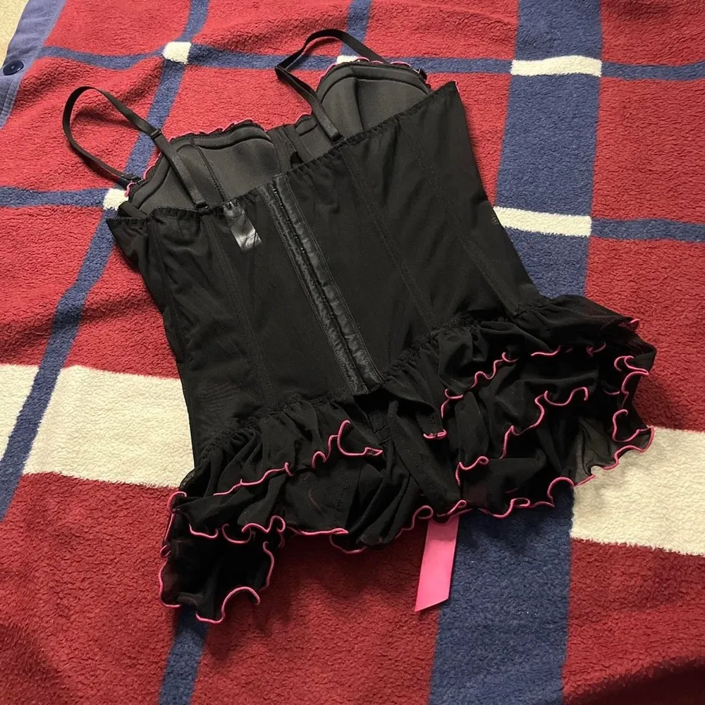 Fredericks Of Hollywood Black Pink Bows Stretchy Satin Sissy Corset whimsygoth - Image 3