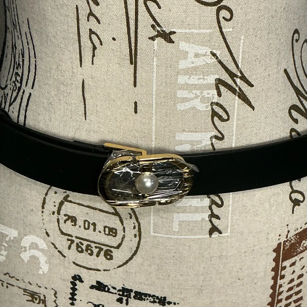 Dior Black Leather Belt with Gold Buckle and Pearl 38 inches - Image 16