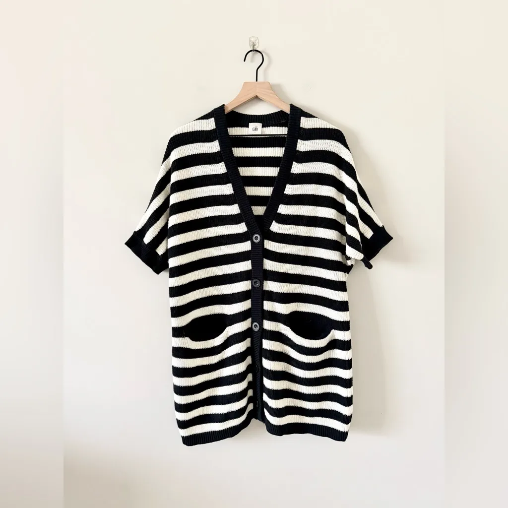 CAbi Cotton Short Sleeve Tunic Cardigan in Black and White Striped Size S - Image 2