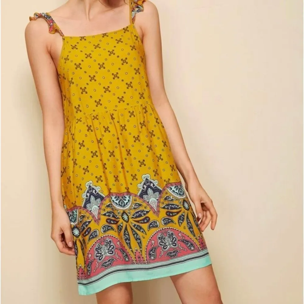 Shein Burnt Yellow Patterned Bohemian Dress (S) - Image 5
