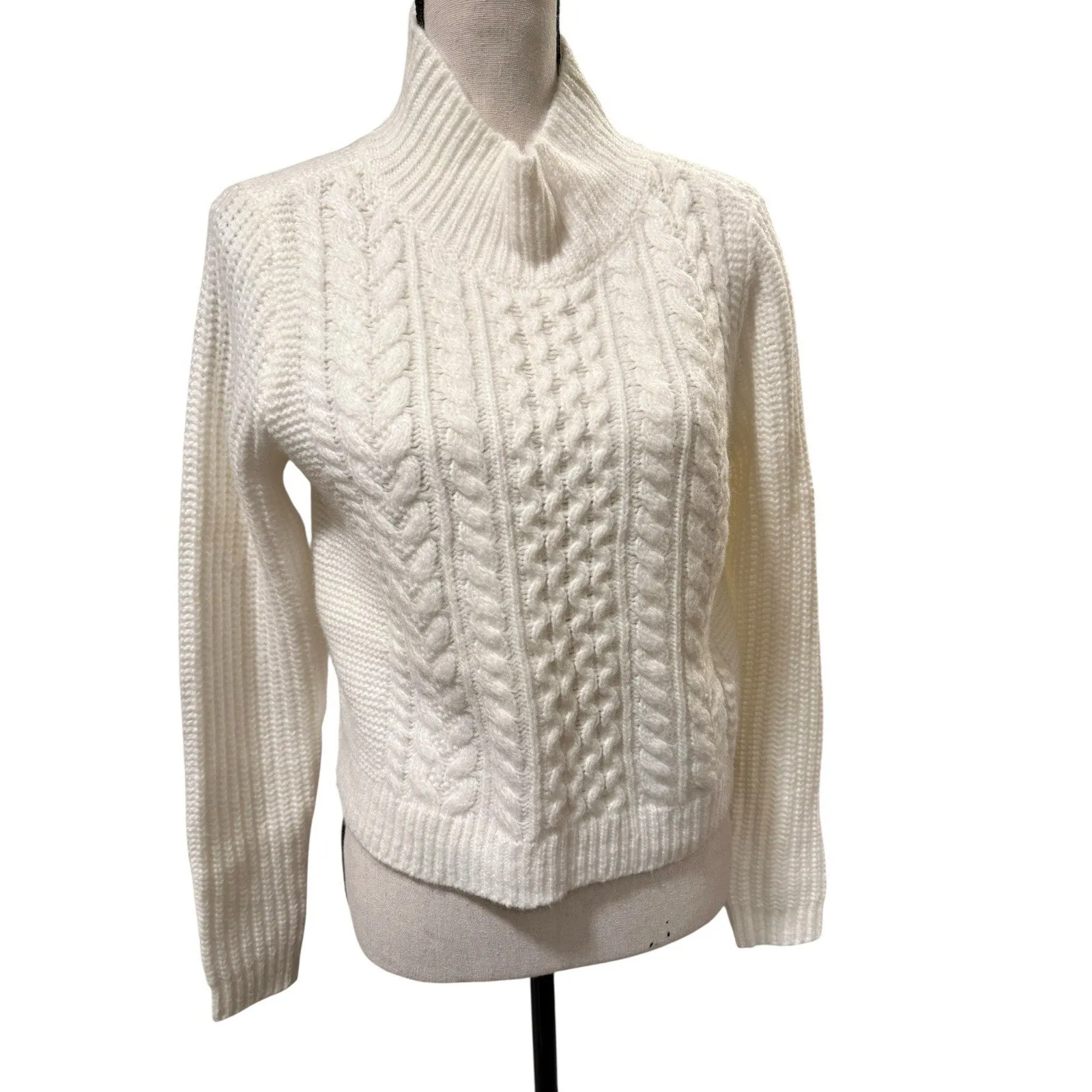 Loft Cable chunky Knit Cropped Sweater Nylon Acrylic Wool Mock Neck White S NWT - Image 2