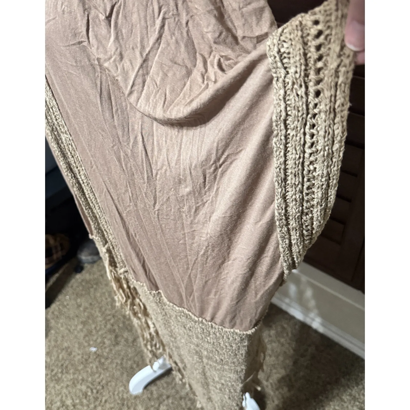 Crescent Kimono Cardigan Crochet Beige soft knit Boho Hippie Beachy sz L fringe - Image 4