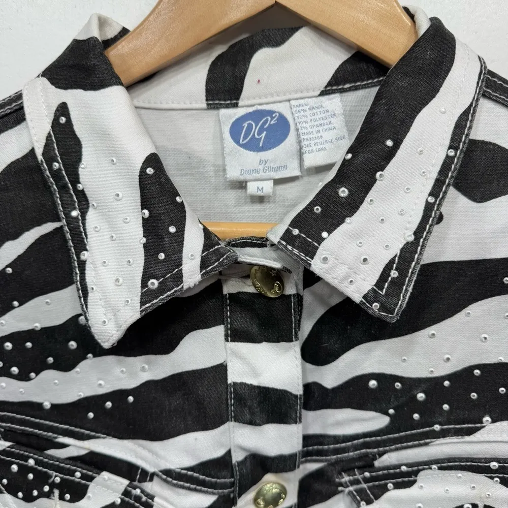 Zebra Print Jean Jacket with Rhinestones & Gold Buttons Diane Gilman DG2 Mobwife Black Size M - Image 11