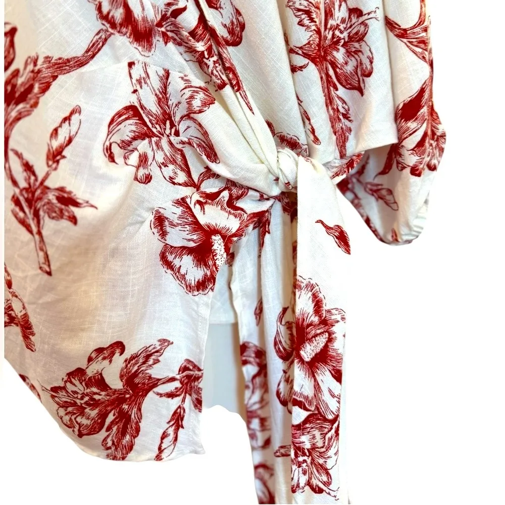 Zara Wrap Kimono Top Linen Blend Red White Toile Floral Print Puff Sleeve Large - Image 8