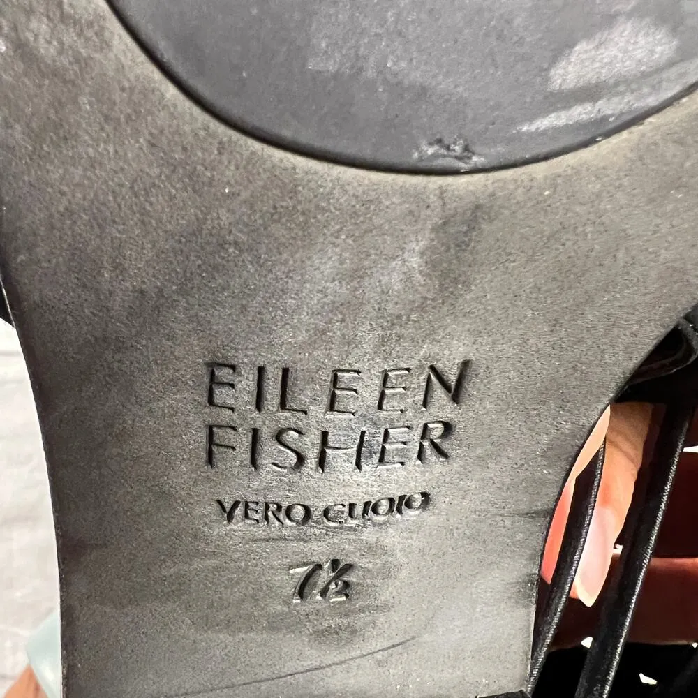 Eileen Fisher Nikki leather Peep Toe Cutout elastic Strappy Block Heels Size 7.5 - Image 8