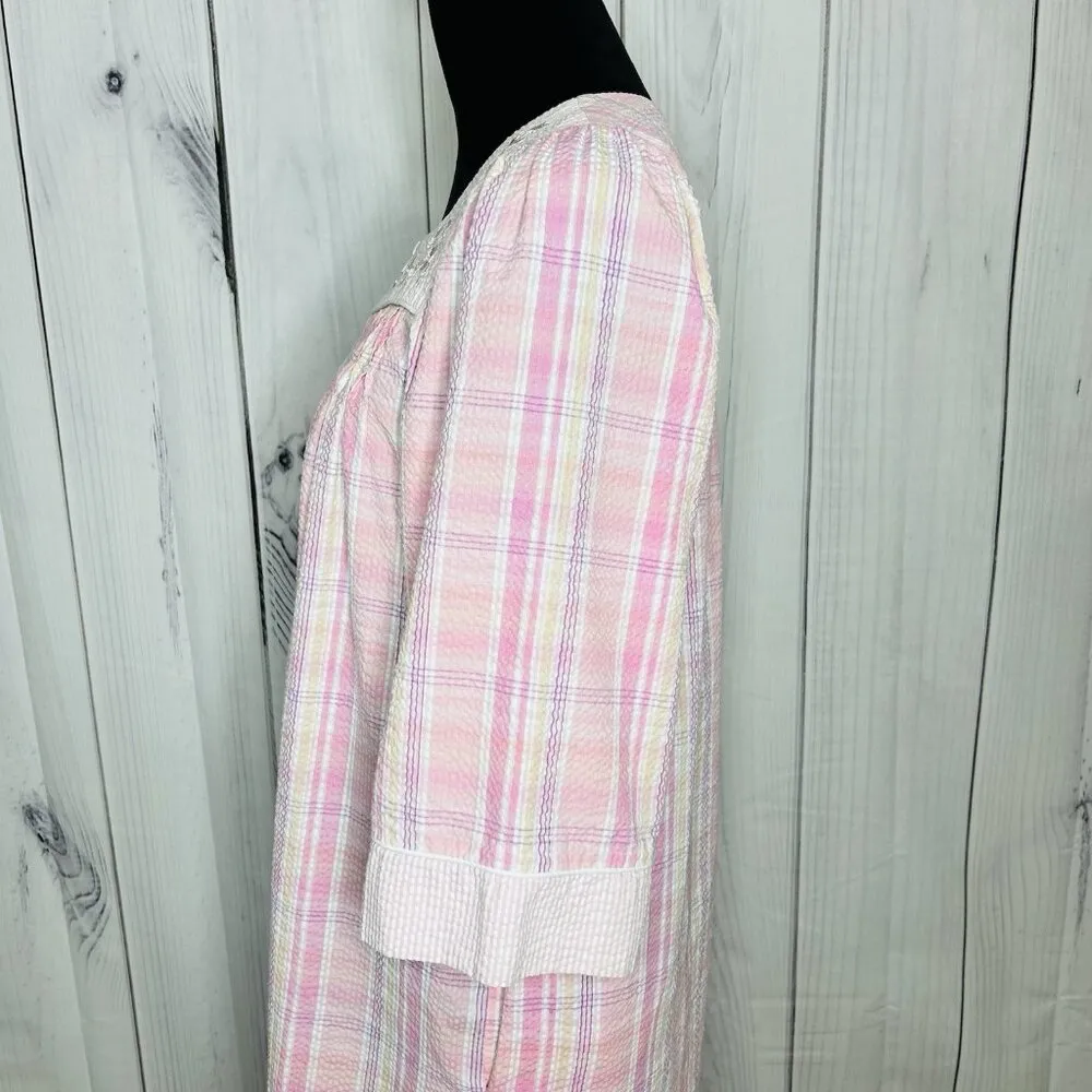 Miss Elaine Sz M Seersucker House Coat Robe Nightgown House Dress Full Zip Pink Size M - Image 9