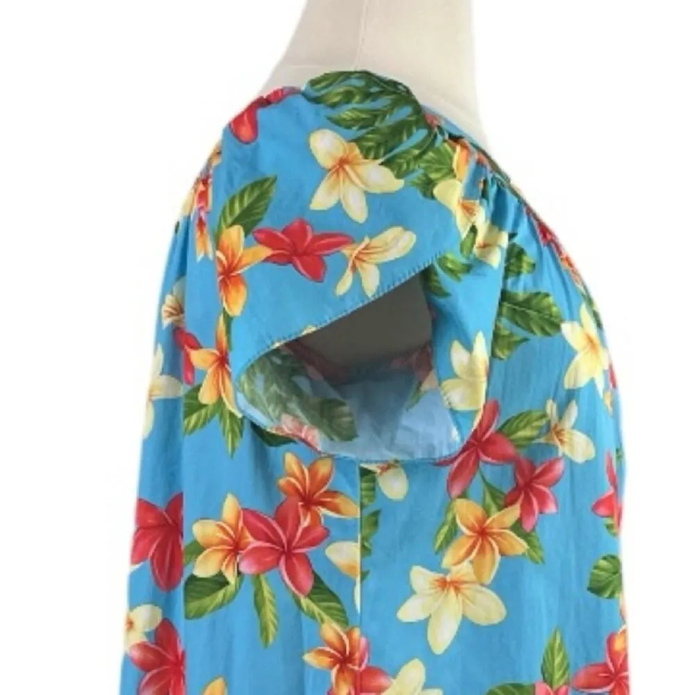 Puanani RJC Hawaiian Vintage Dress Tulip Sleeve Tropical Floral Women Size Large Blue - Image 7
