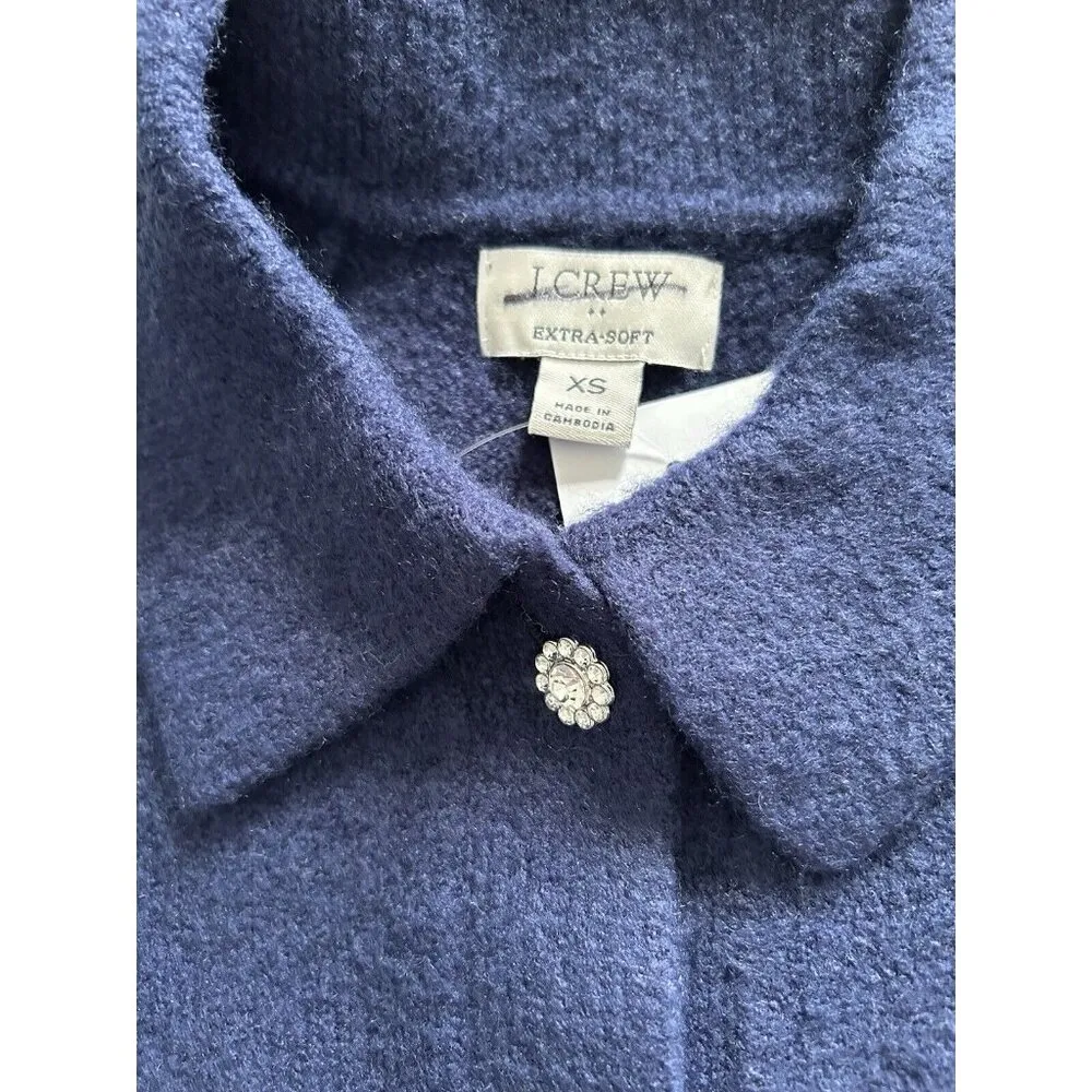 J.Crew  Extra Soft Rhinestone Button Long Sleeve Polo Sweater Top Navy Blue XS - Image 5