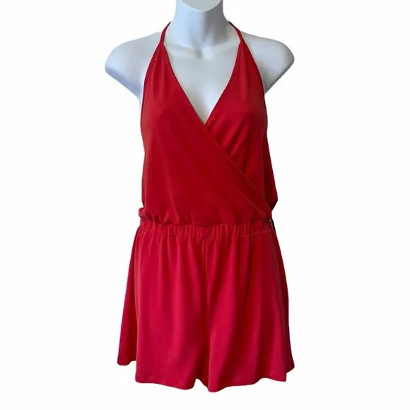 Express halter low back v neck red romper - Image 2