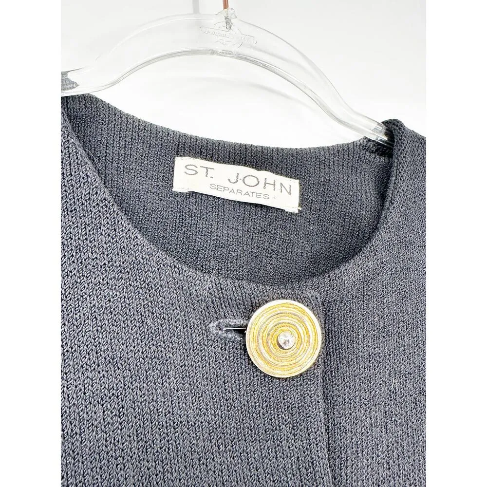 St. John Black Knit Jacket w/ Gold Buttons & Side Slits - Size Small - Image 6