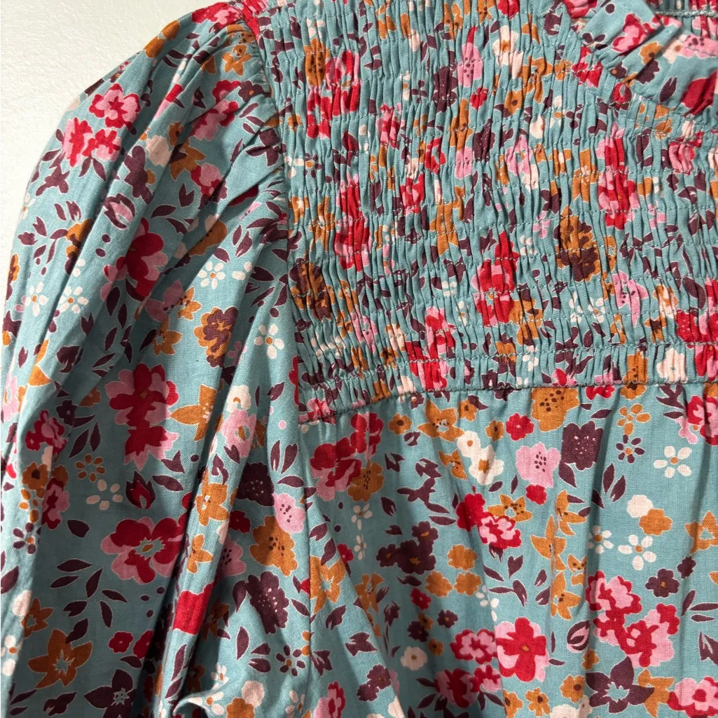 Olivia James The Label Floral Mini Dress ls smocked XS Boho Belted gardencore Blue - Image 4